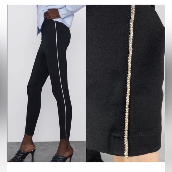 Zara Black Pants With Side Rhinestones NWOT - Picture 1 of 5
